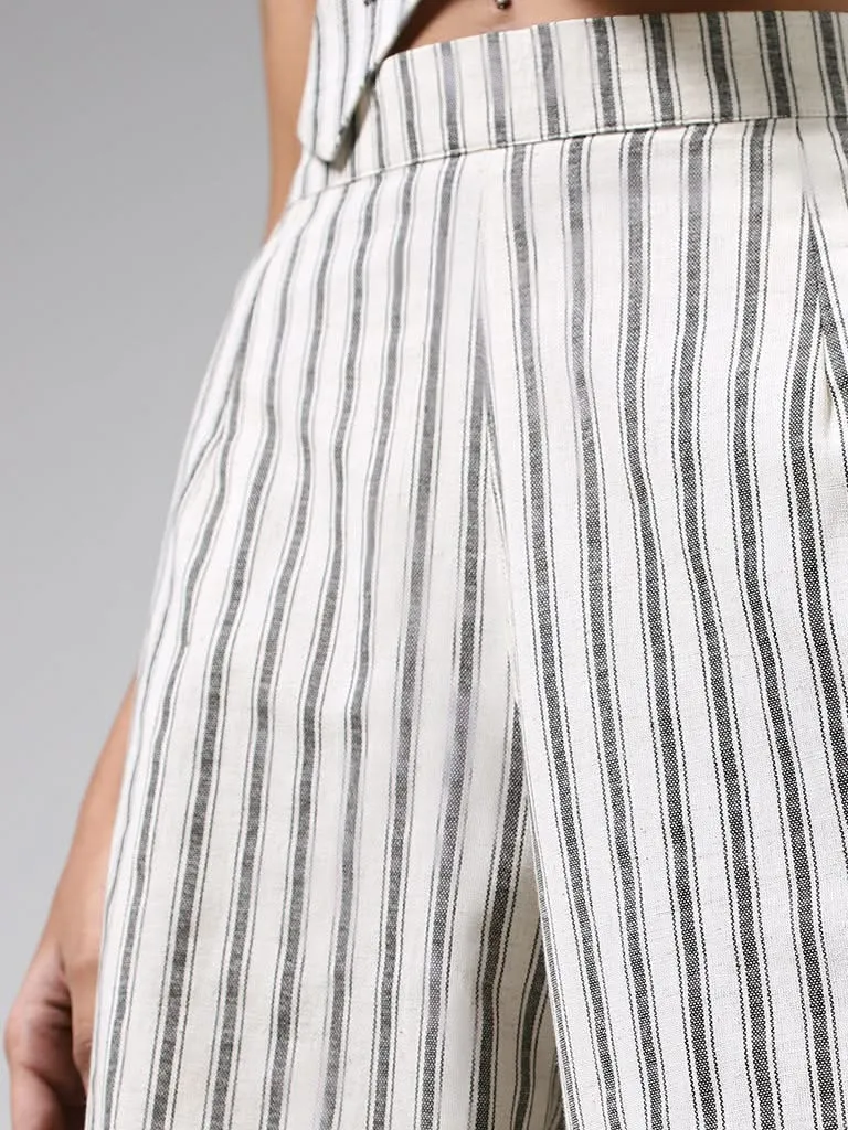 Bombay Paisley Off White Striped Wide-Leg Blended Linen Pants