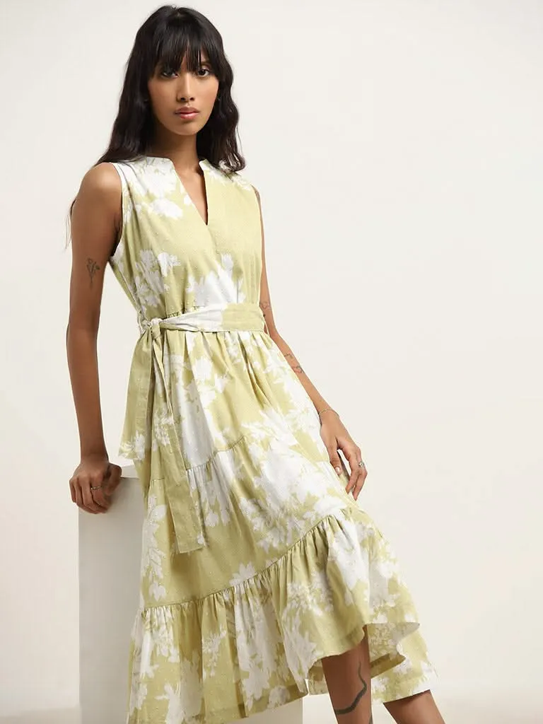 Bombay Paisley Sage Floral Printed Tiered Dress with Belt