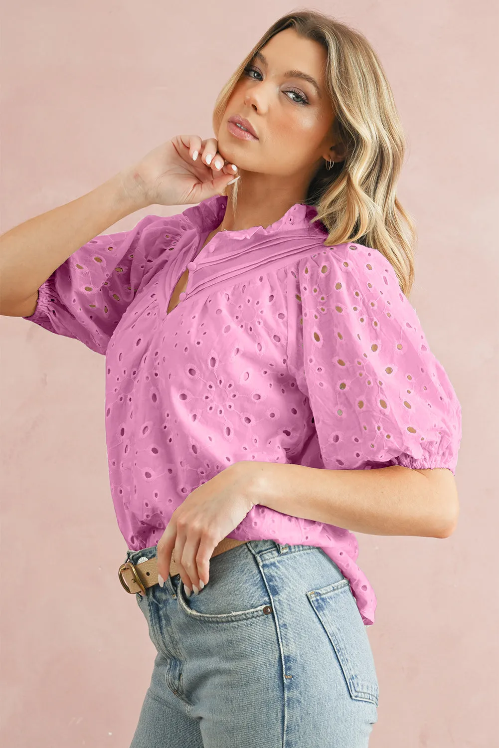 Bonbon Hollow-out Flower Embroidered Short Puff Sleeve Blouse