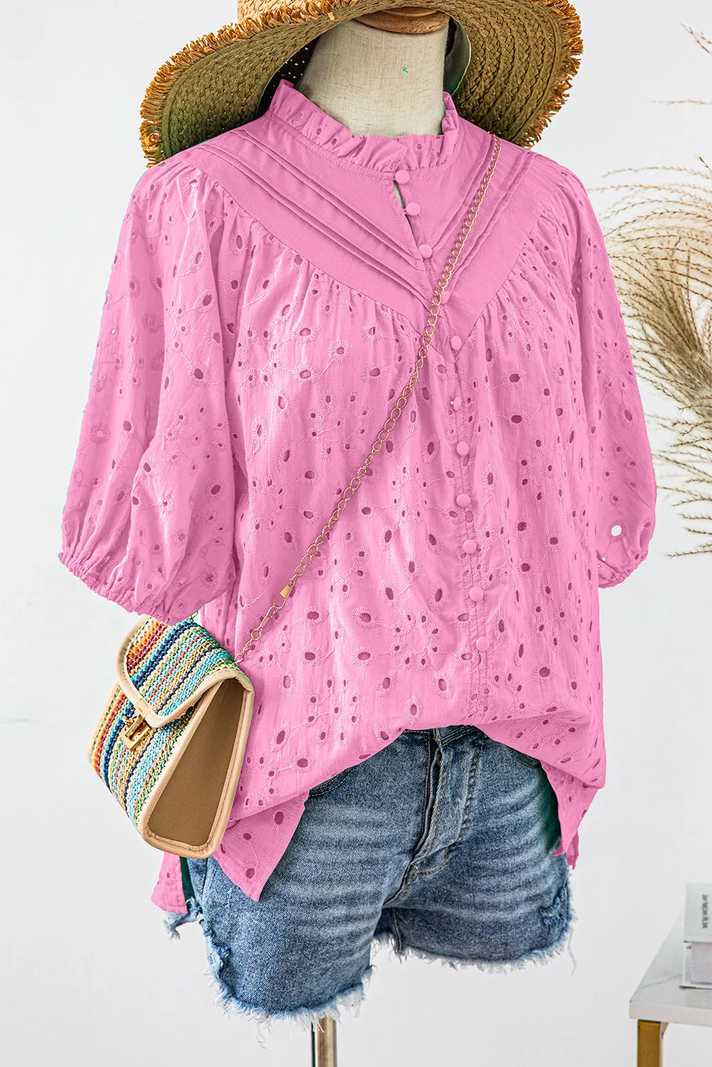 Bonbon Hollow-out Flower Embroidered Short Puff Sleeve Blouse