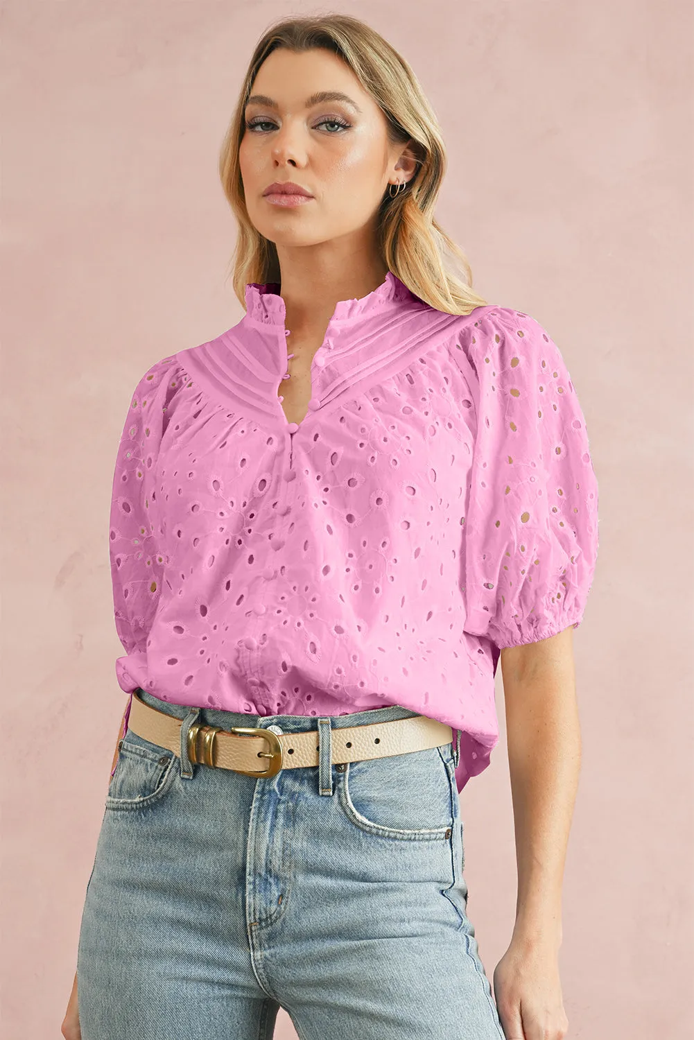 Bonbon Hollow-out Flower Embroidered Short Puff Sleeve Blouse