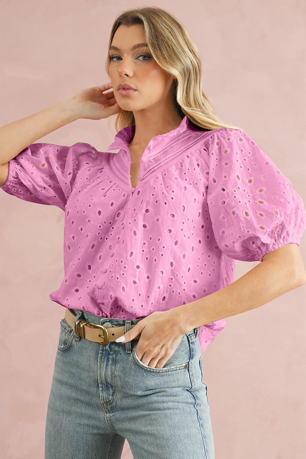 Bonbon Hollow-out Flower Embroidered Short Puff Sleeve Blouse