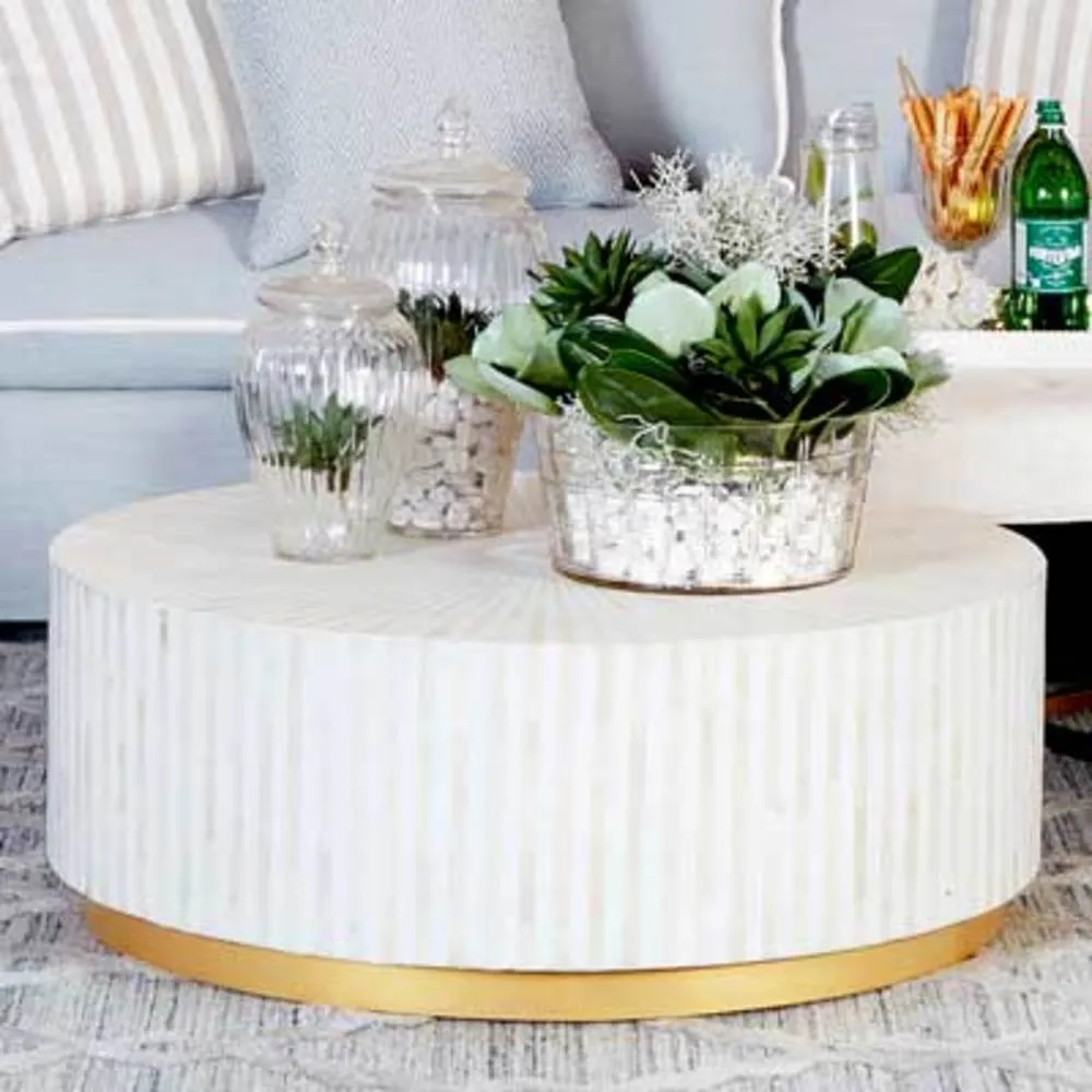 Bone Inlay Center Table Stripe Design White