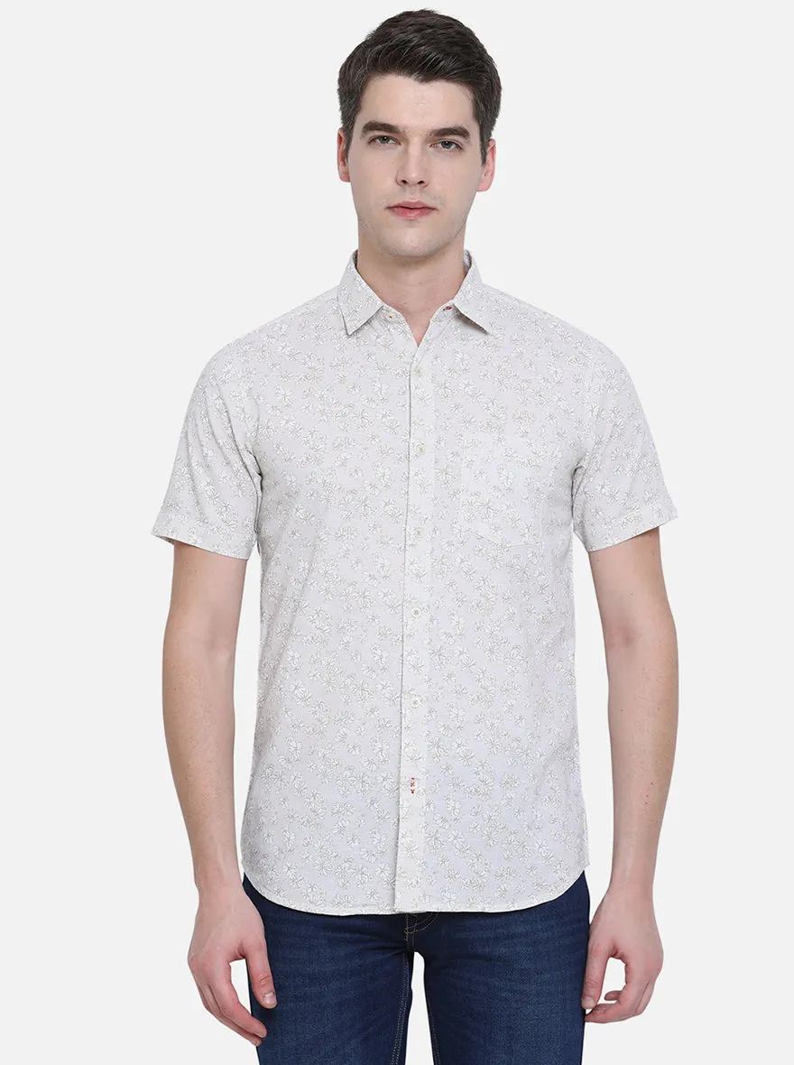 Bone White Printed Slim Fit Semi Casual Shirt | JadeBlue