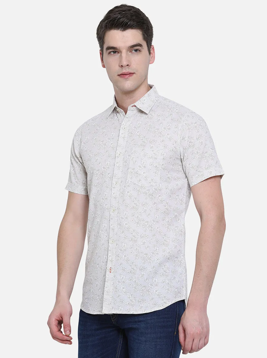 Bone White Printed Slim Fit Semi Casual Shirt | JadeBlue