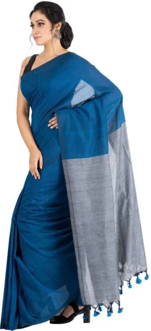 Bong ButiQ Women & Girls Embroidered Solid/Plain Bollywood Handloom Cotton Blend Saree For Office | Party | Casual (Blue)