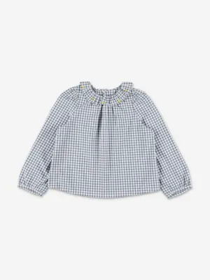 Bonpoint Girls Embroidered Gingham Blouse in Grey