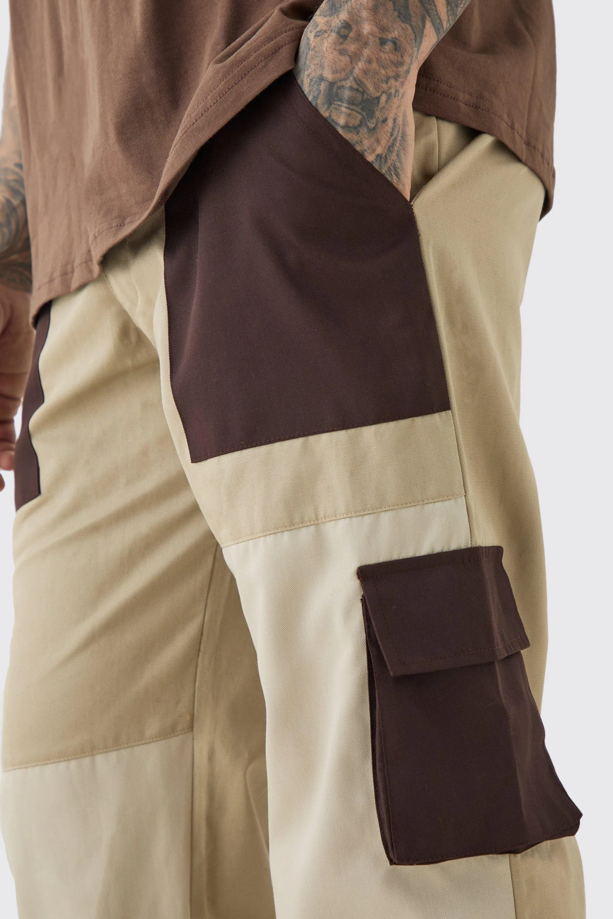 Boohoo Chocolate Tall Relaxed Fit Colour Block Cargo Mens Trouser