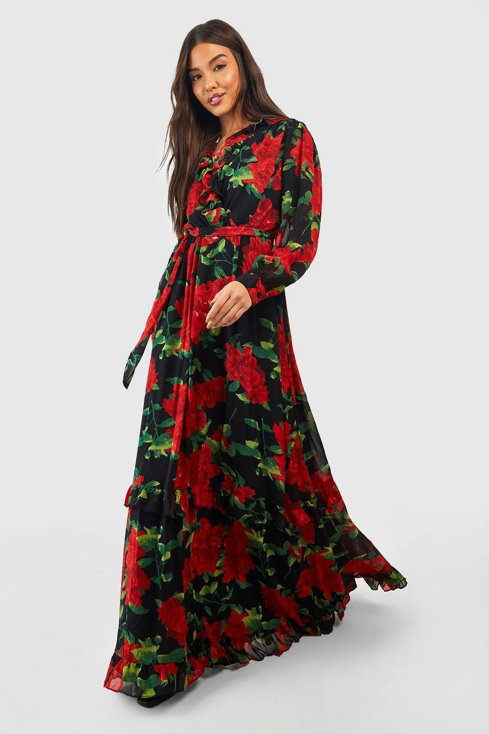 Boohoo Dobby Chiffon Maxi Dress with Floral Detail, Multicolor