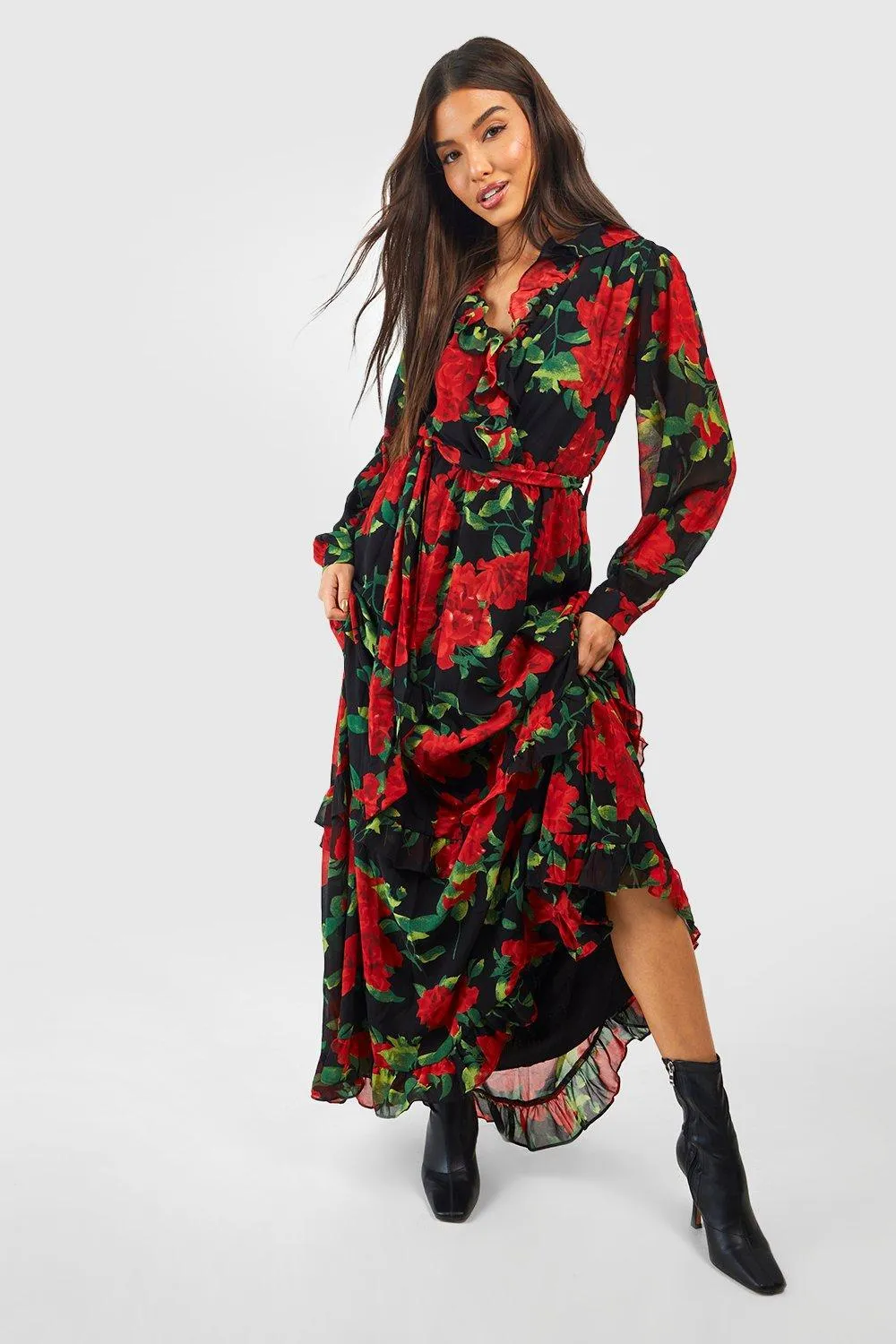 Boohoo Dobby Chiffon Maxi Dress with Floral Detail, Multicolor