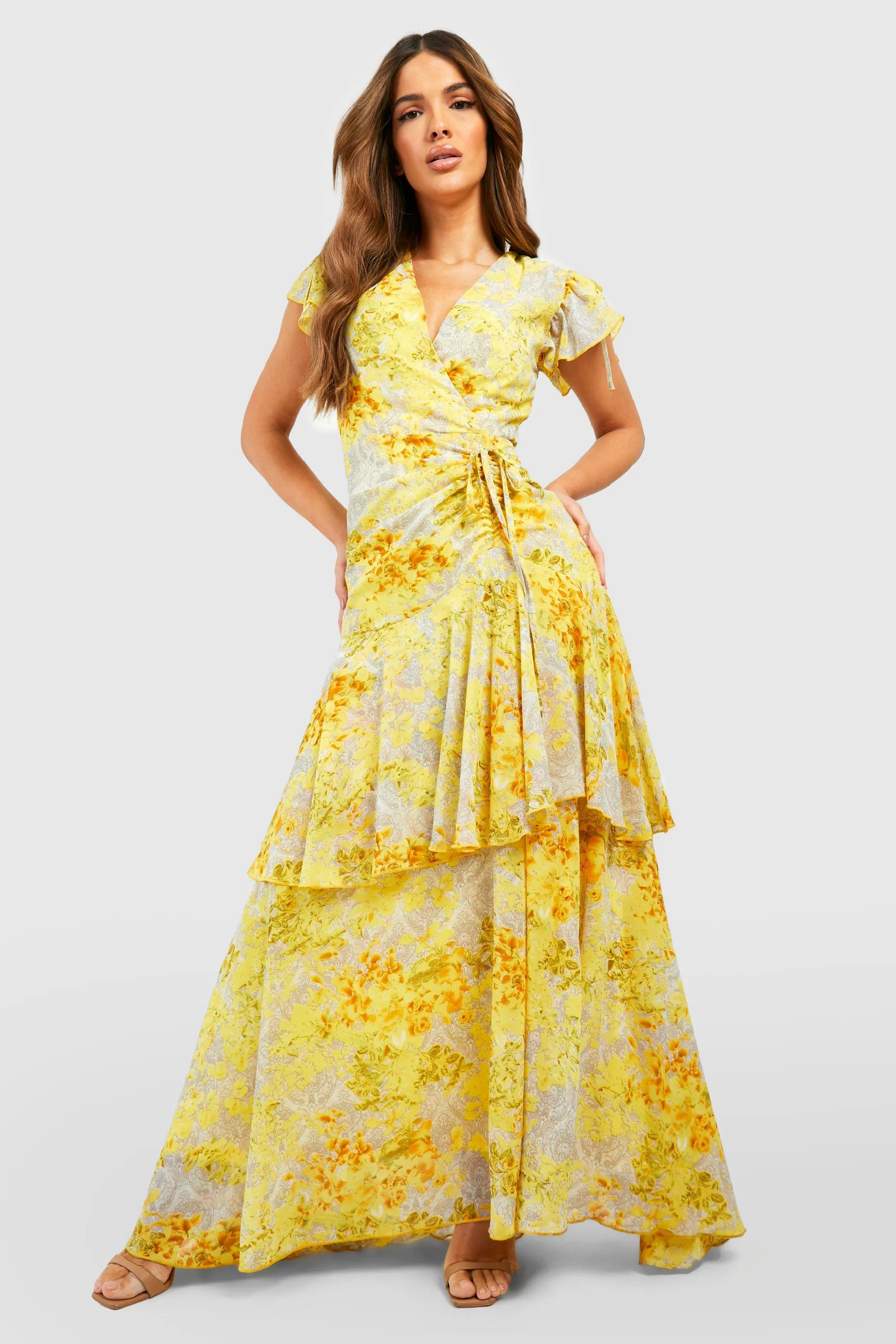 Boohoo Floral Ruched Maxi Dress, Yellow