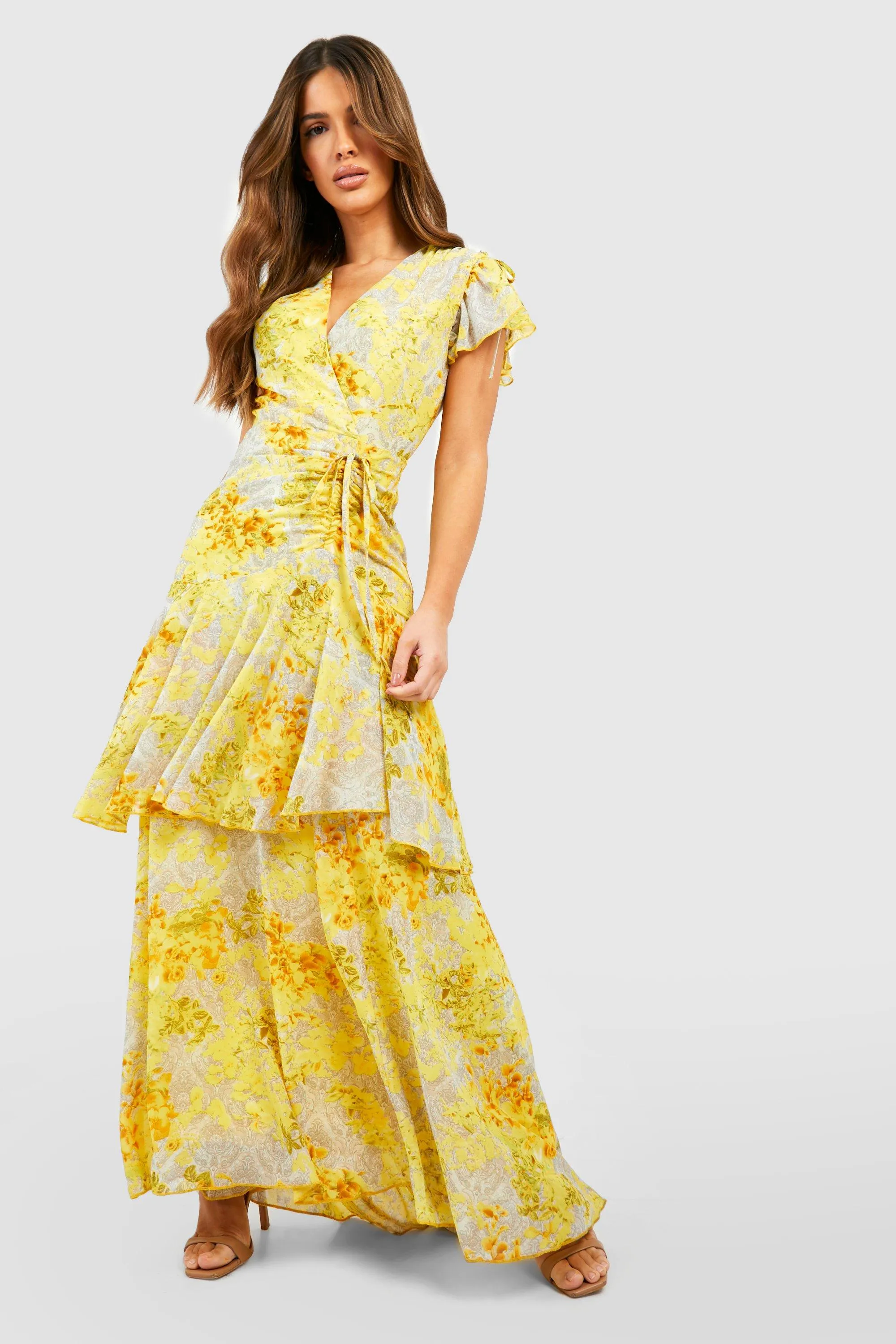 Boohoo Floral Ruched Maxi Dress, Yellow