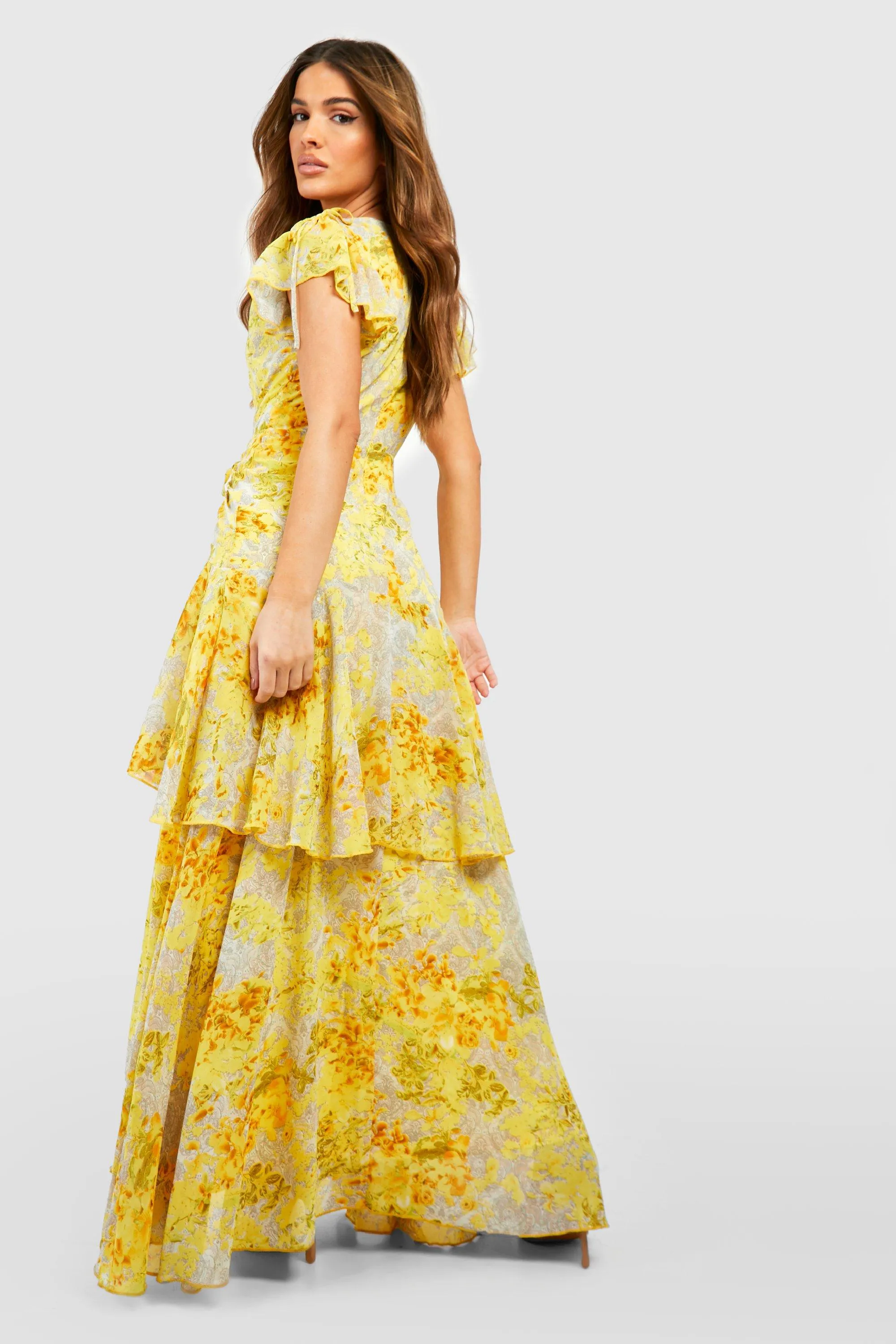 Boohoo Floral Ruched Maxi Dress, Yellow