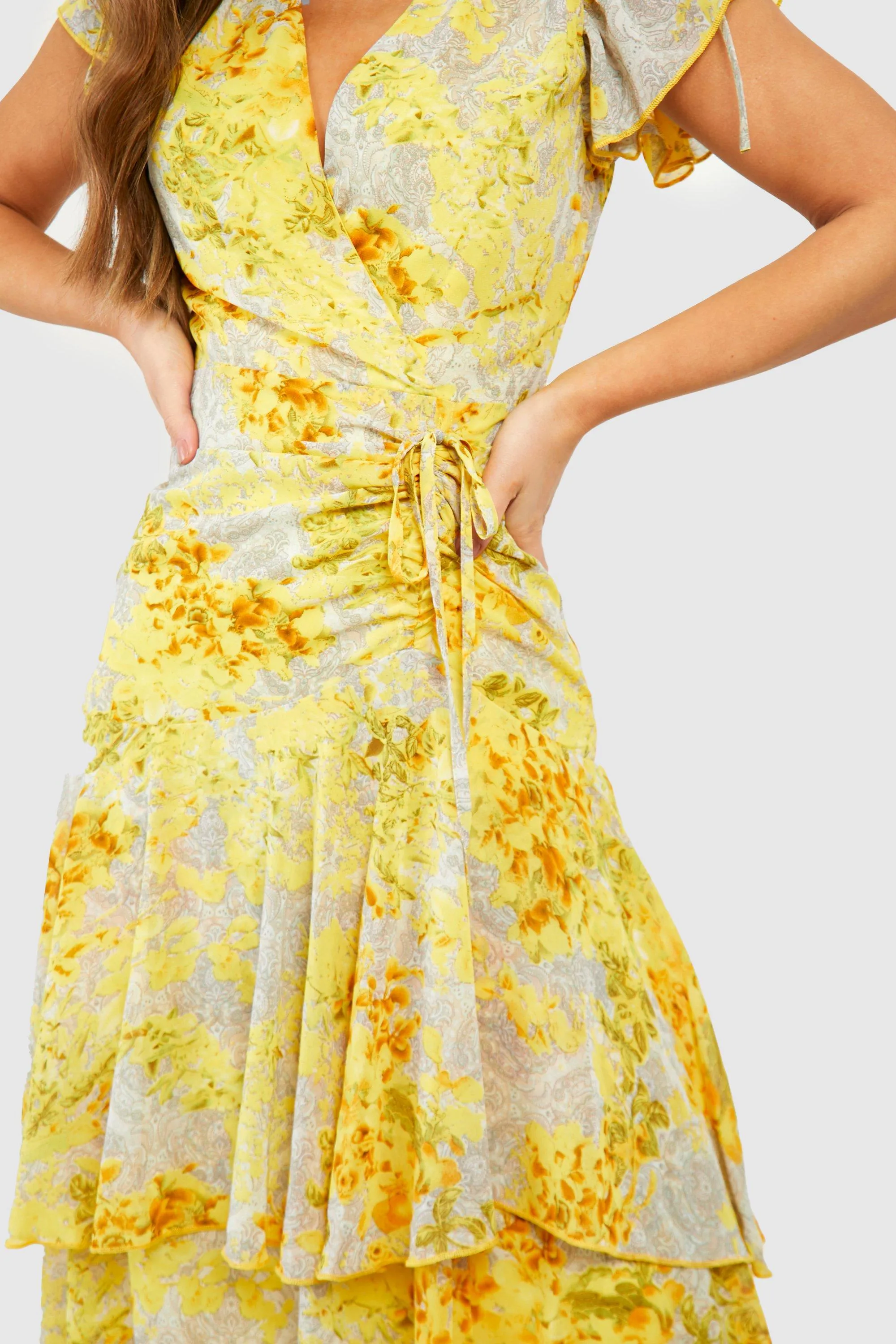 Boohoo Floral Ruched Maxi Dress, Yellow