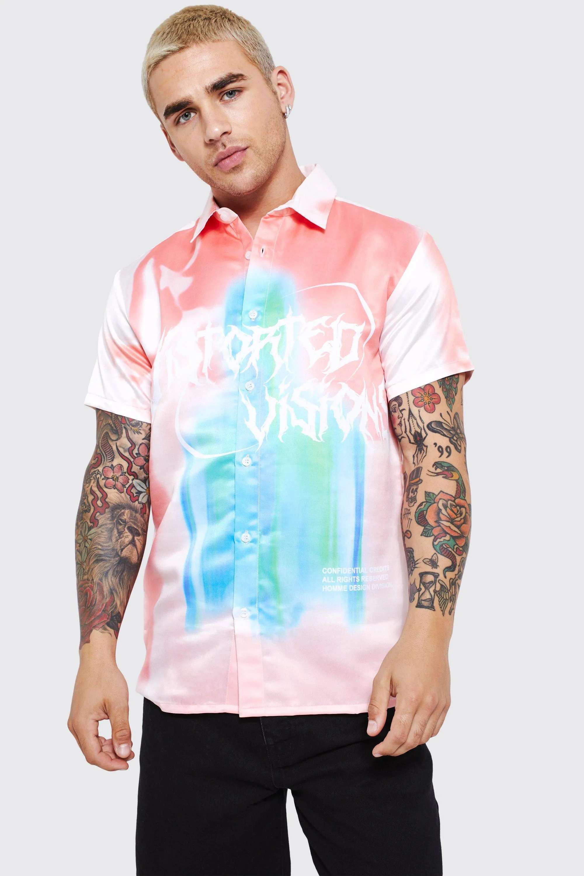 Boohoo Peach Short Sleeve Satin Distorted Mens Shirt