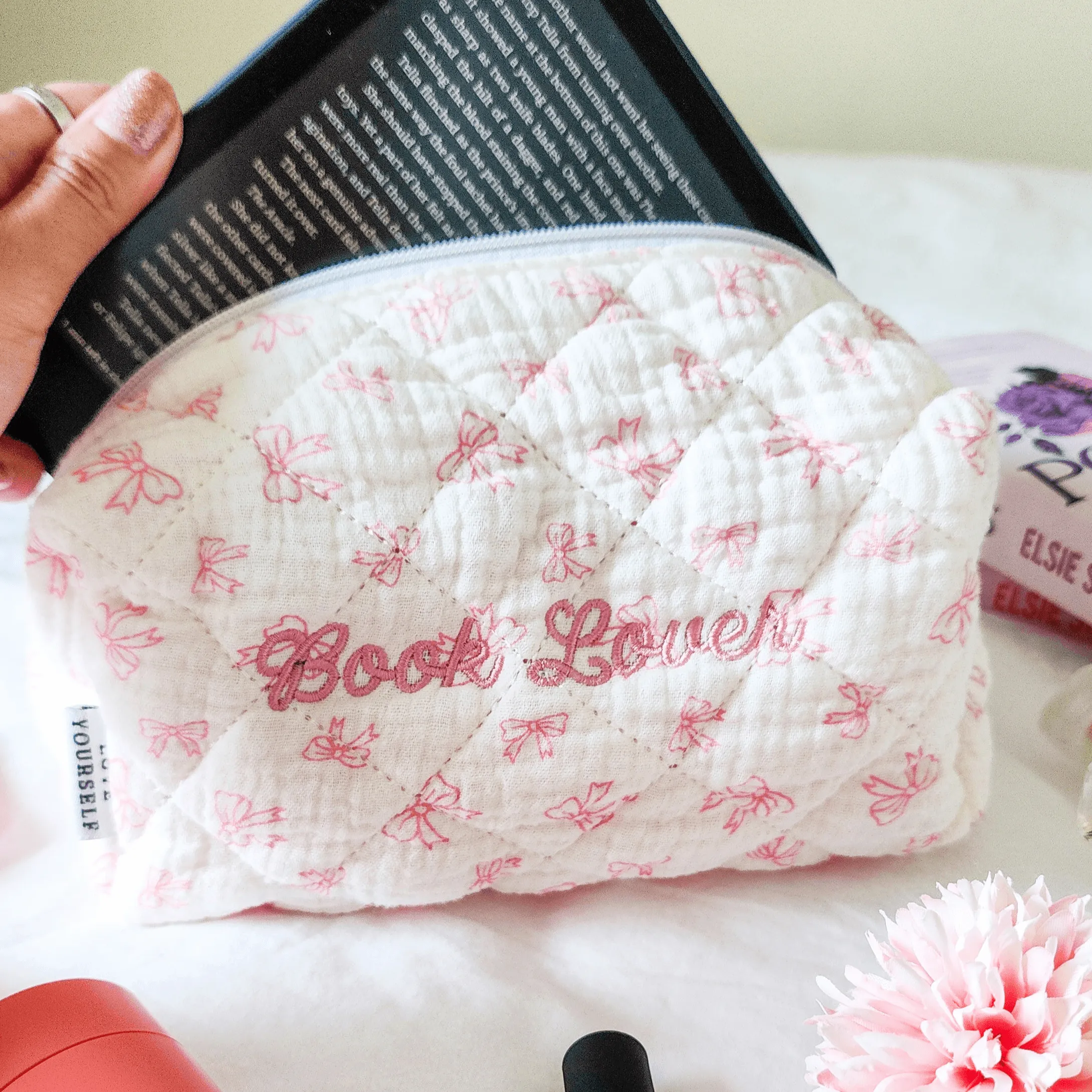 Book Lover Quilted Cotton Makeup Bag