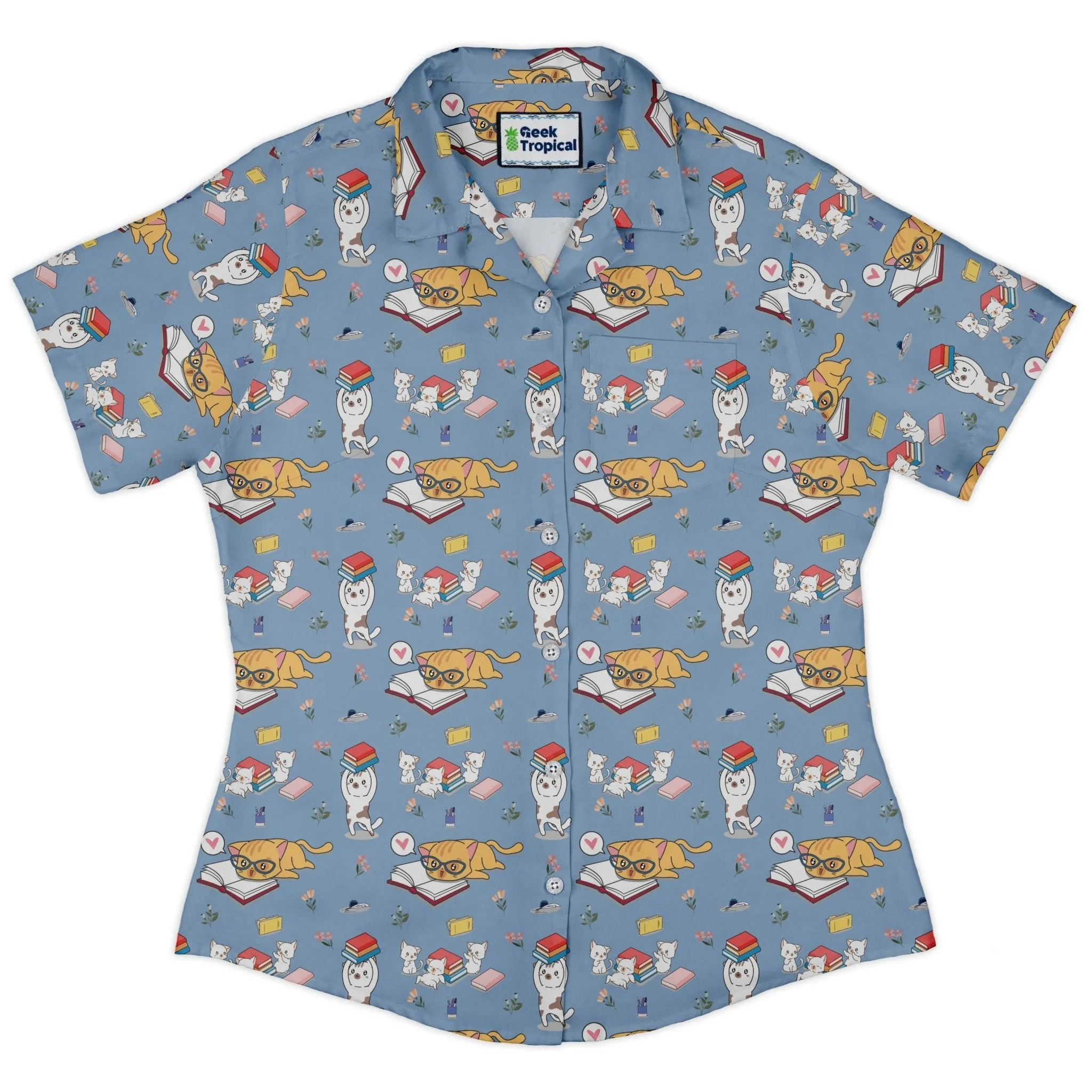 Book Nerd Cats Curvy Button Up Shirt