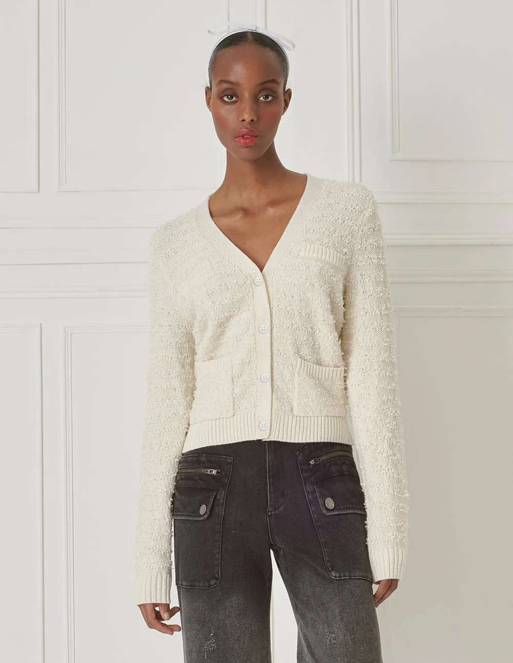 BORA AKSU V-Neck Pure White Milk Wool Knitted Cardigan