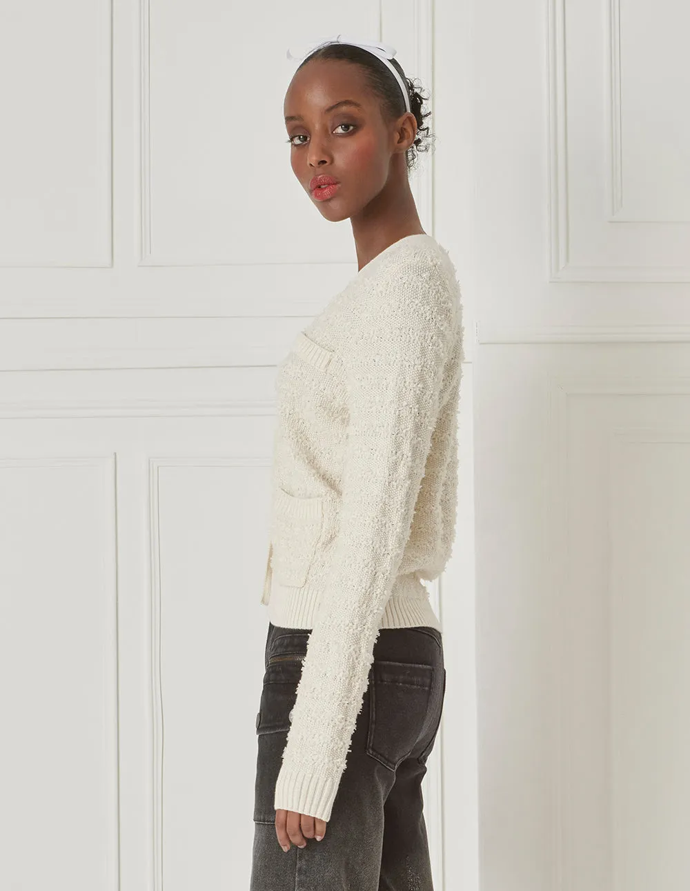 BORA AKSU V-Neck Pure White Milk Wool Knitted Cardigan