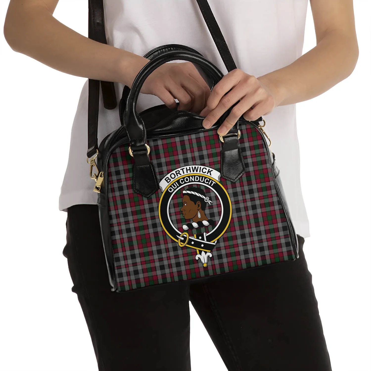 Borthwick Tartan Shoulder Handbags with Family Crest