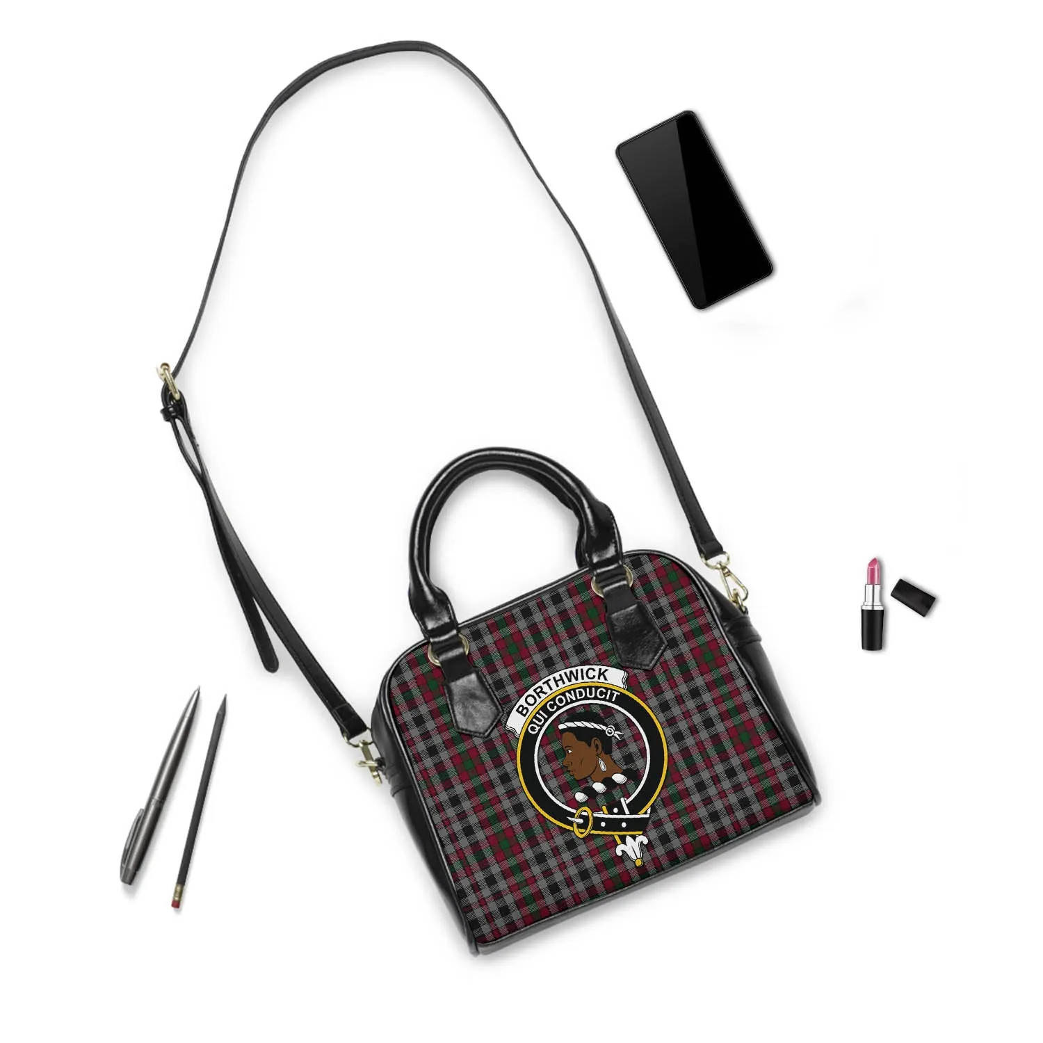 Borthwick Tartan Shoulder Handbags with Family Crest