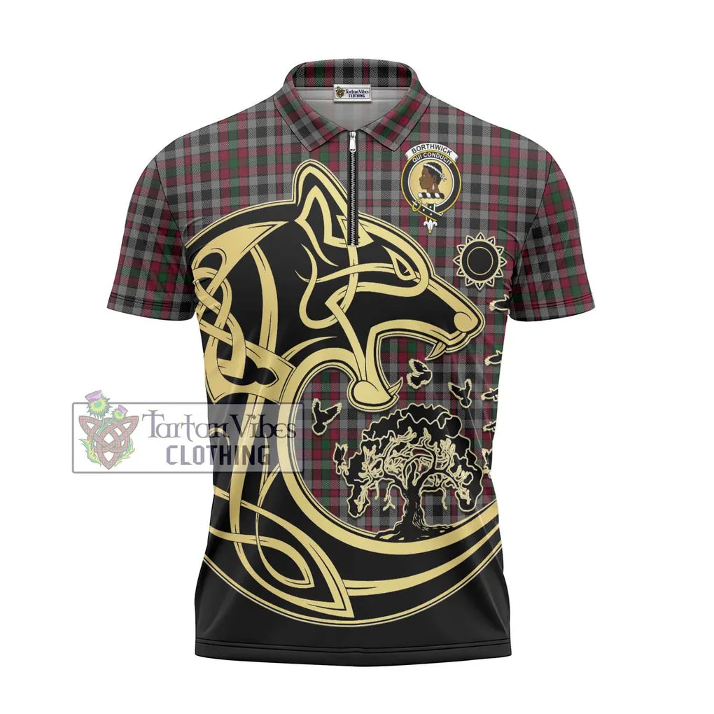 Borthwick Tartan Zipper Polo Shirt with Family Crest Celtic Wolf Style