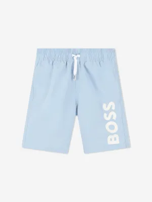 BOSS Boys Logo Print Swim Shorts in Blue