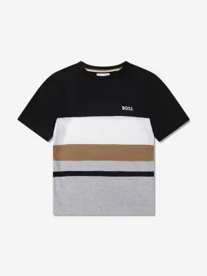 BOSS Boys Striped Logo T-Shirt In Black