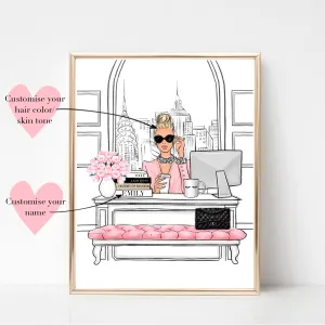 Boss Girl in NYC office fashion illustration art print