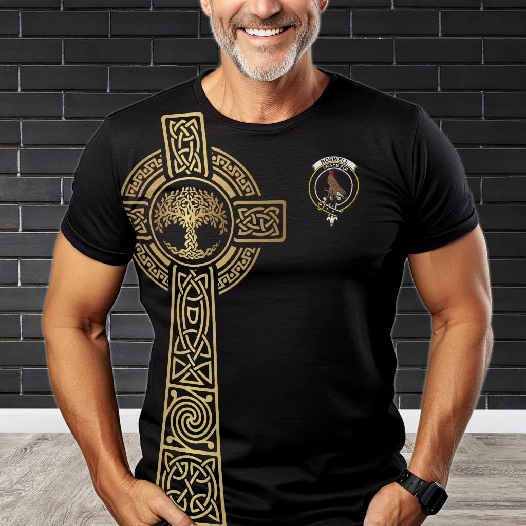 Boswell Clan Mens T-Shirt with Golden Celtic Tree Of Life