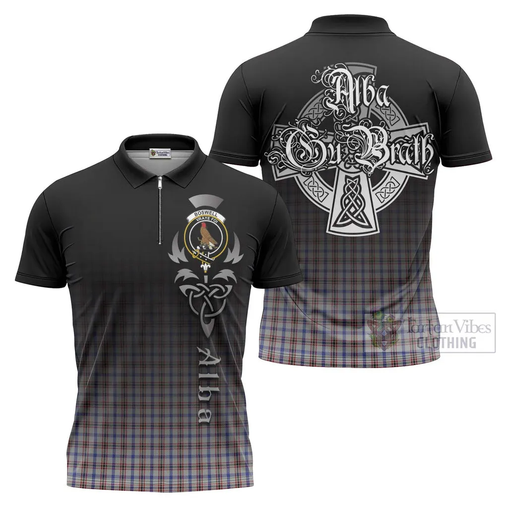 Boswell Tartan Zipper Polo Shirt Featuring Alba Gu Brath Family Crest Celtic Inspired