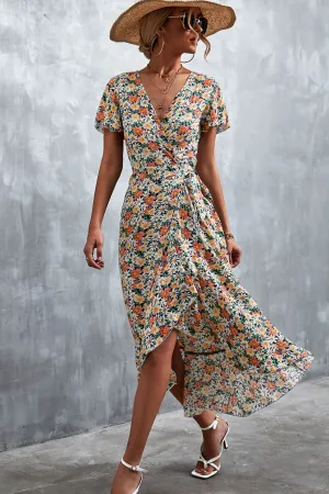 Botanical Floral Surplice Neck Tied Midi Dress