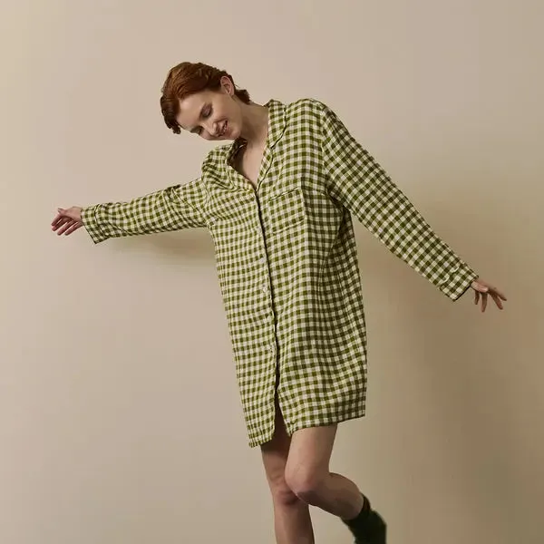 Botanical Green Gingham Linen Nightshirt