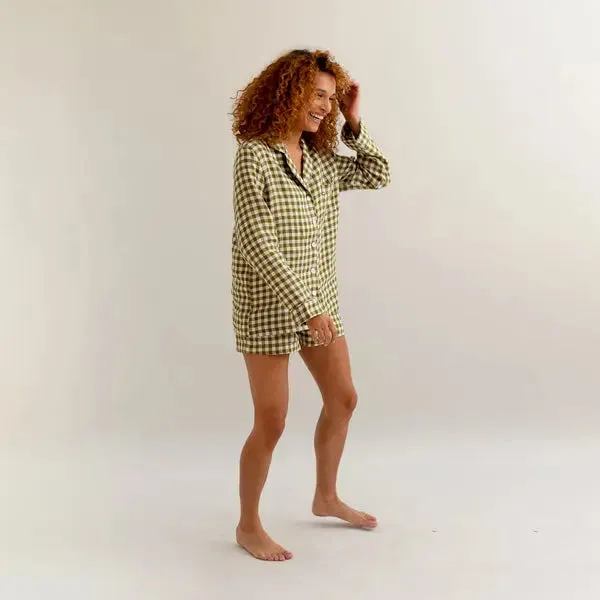 Botanical Green Gingham Linen Pyjama Shorts Set