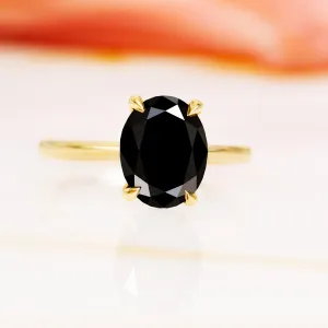 Boötes - Solitaire Natural Black Diamond Oval Engagement Ring in Yellow Gold