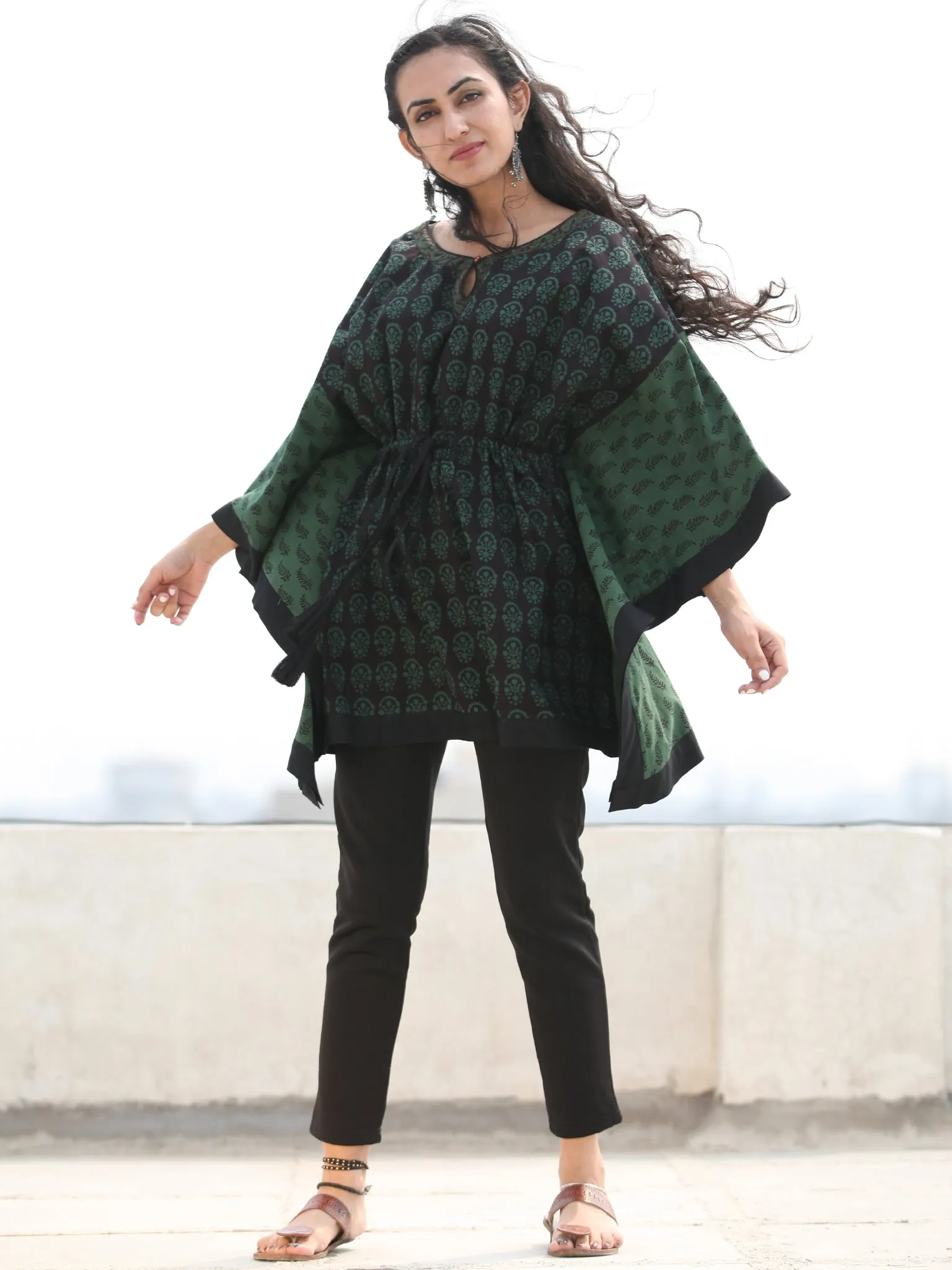 Bottle Green Black Bagh Hand Block Printed Short Kaftan - K136F2070