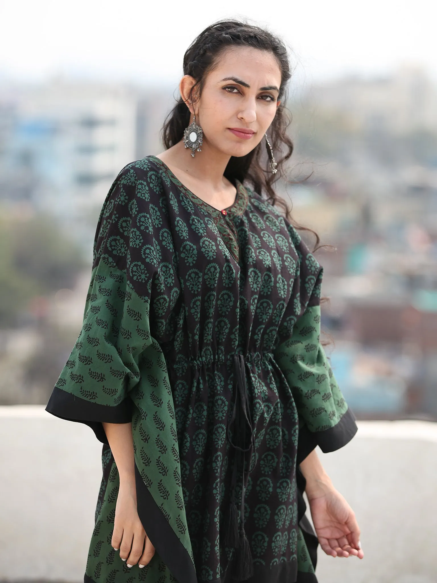 Bottle Green Black Bagh Hand Block Printed Short Kaftan - K136F2070