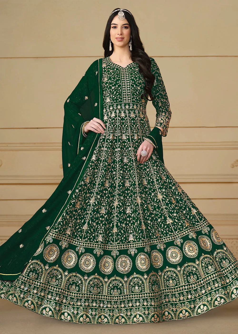 Bottle Green Embroidered Trendy Style Anarkali Suit