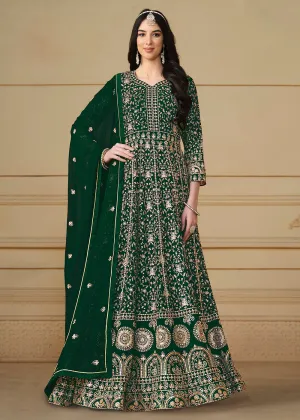 Bottle Green Embroidered Trendy Style Anarkali Suit