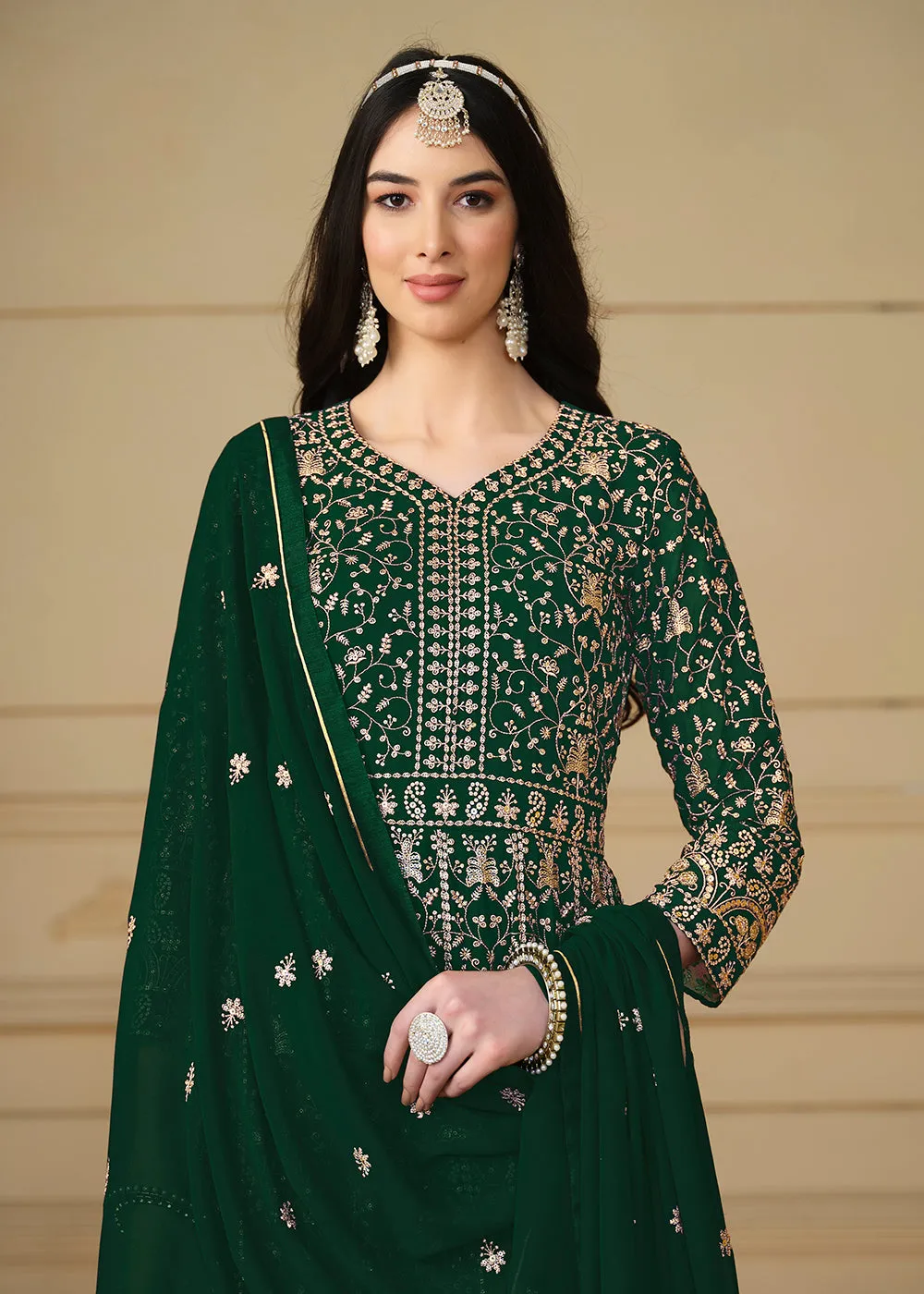 Bottle Green Embroidered Trendy Style Anarkali Suit