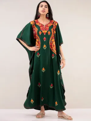 Bottle Green Orange Aari Embroidered Kashmere Free Size Kaftan  - K12K027