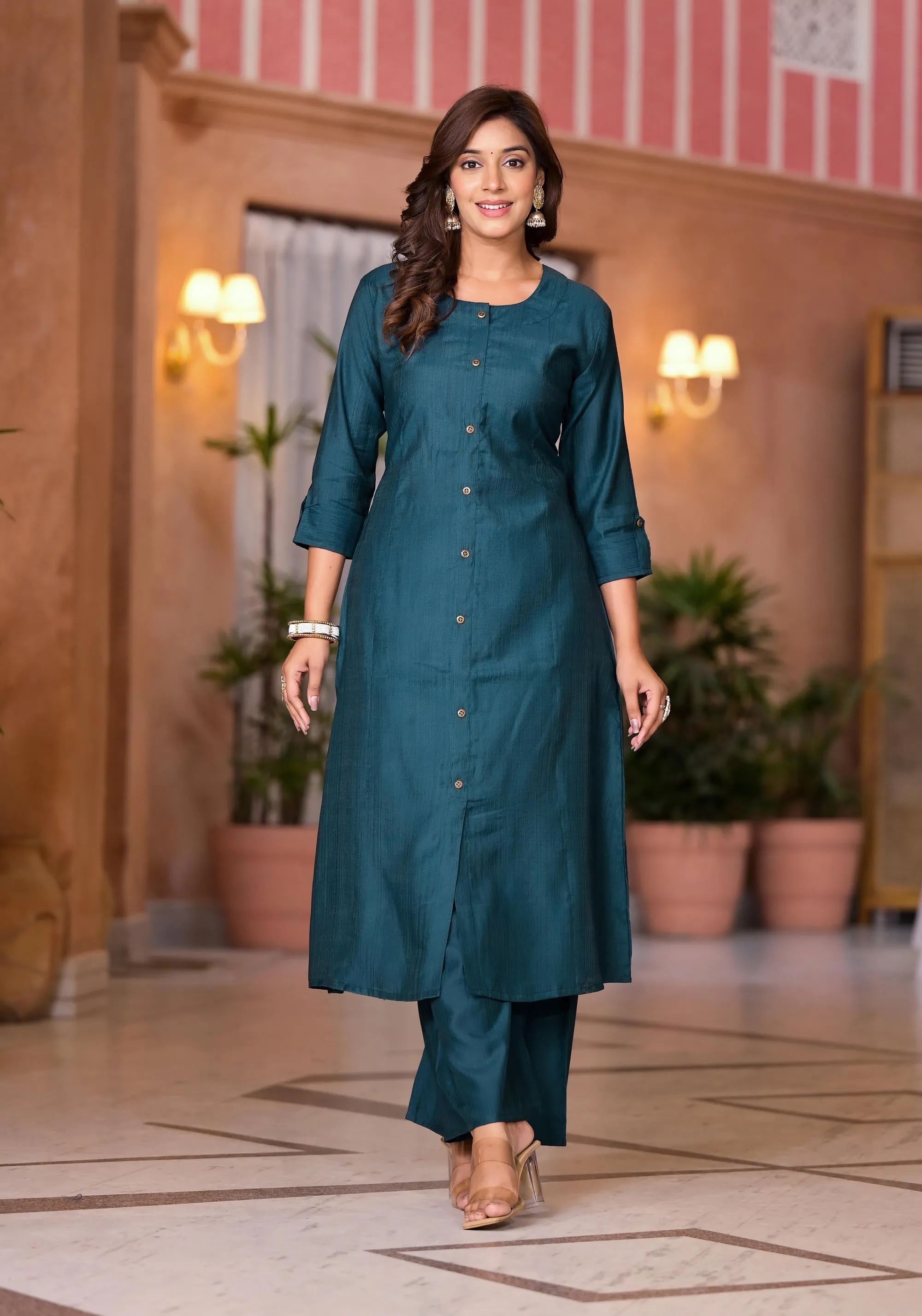 Bottle Green Zari Embroidered Cotton Kurta Pant And Dupatta Set With Button Closure