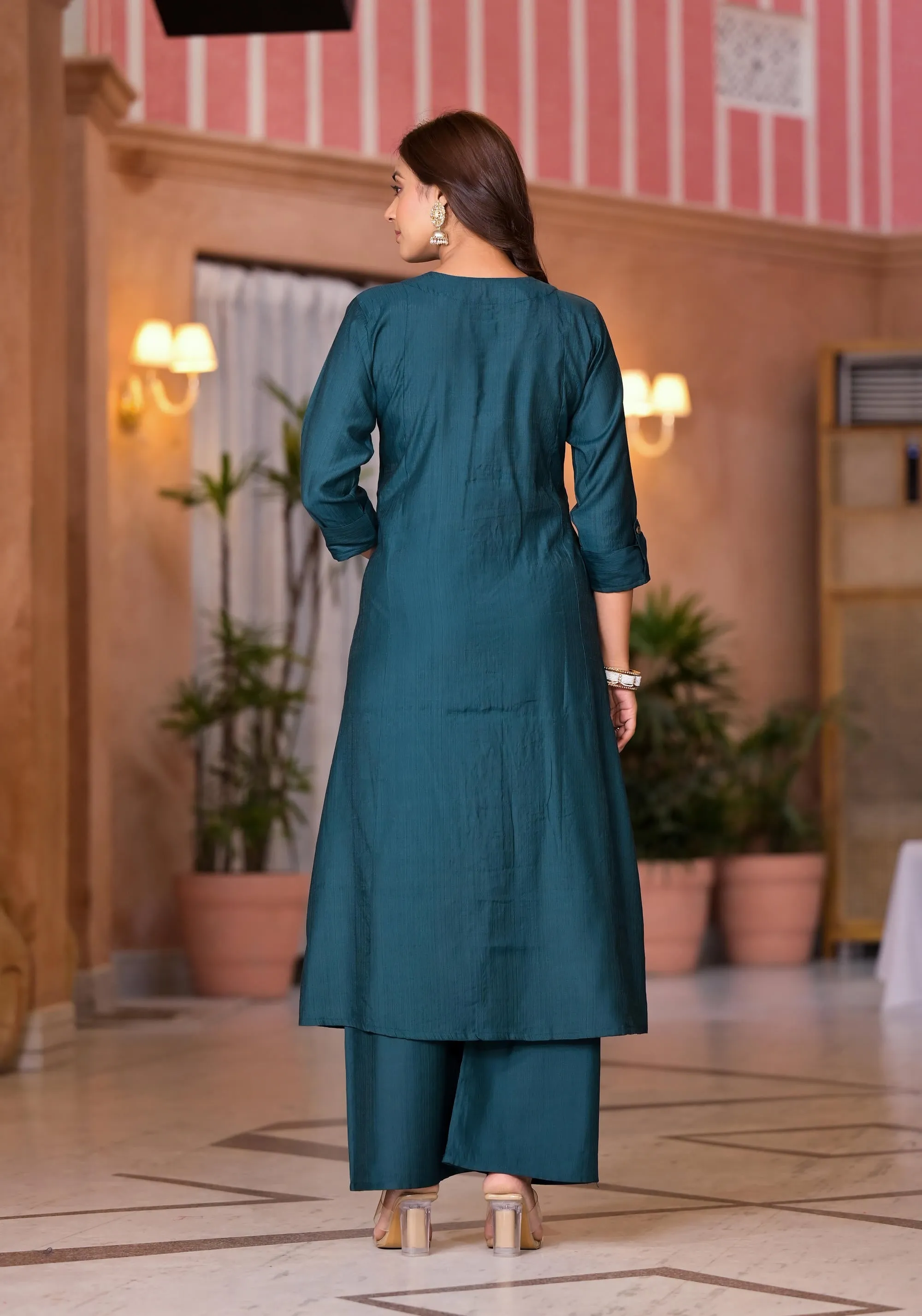 Bottle Green Zari Embroidered Cotton Kurta Pant And Dupatta Set With Button Closure