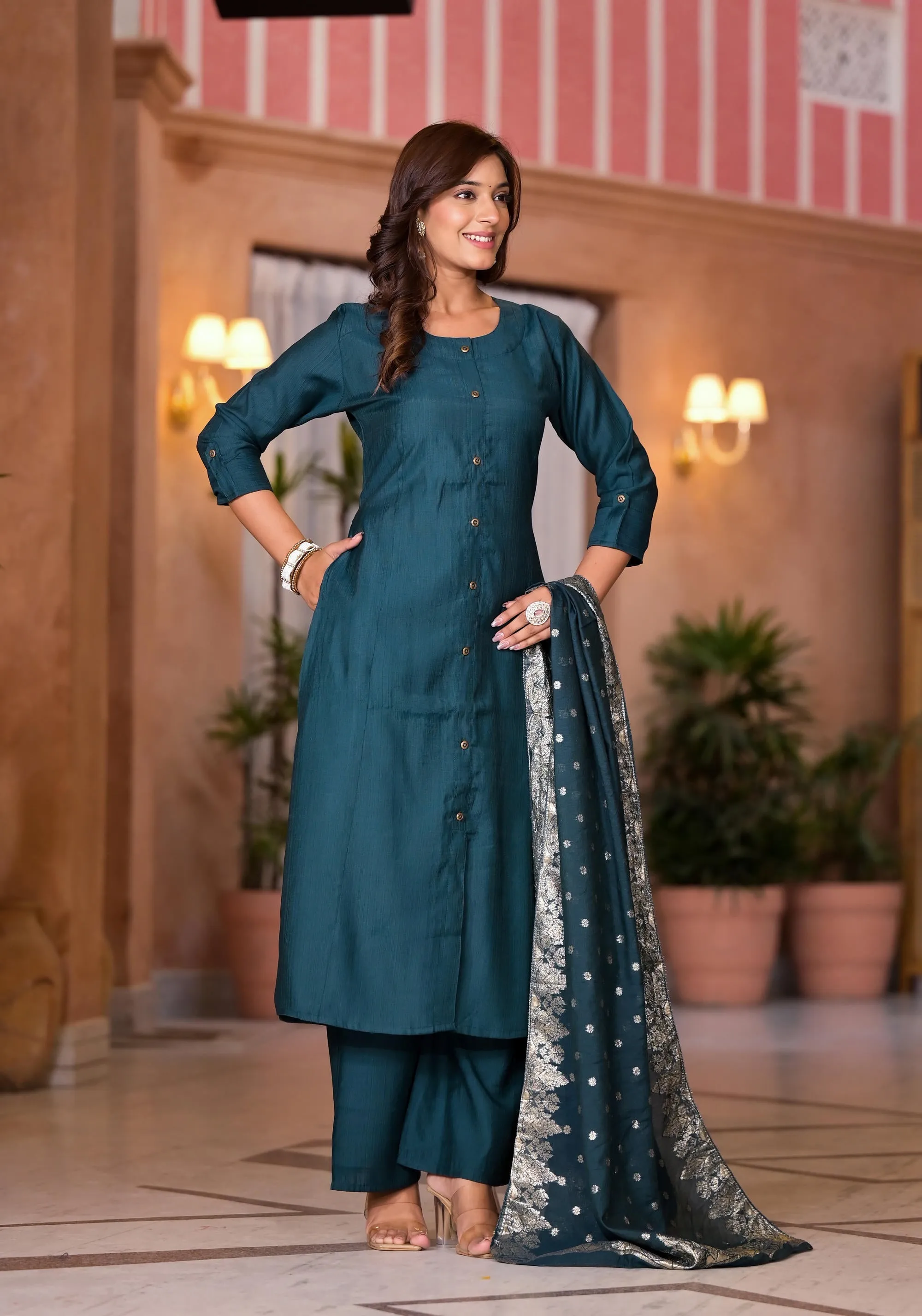 Bottle Green Zari Embroidered Cotton Kurta Pant And Dupatta Set With Button Closure