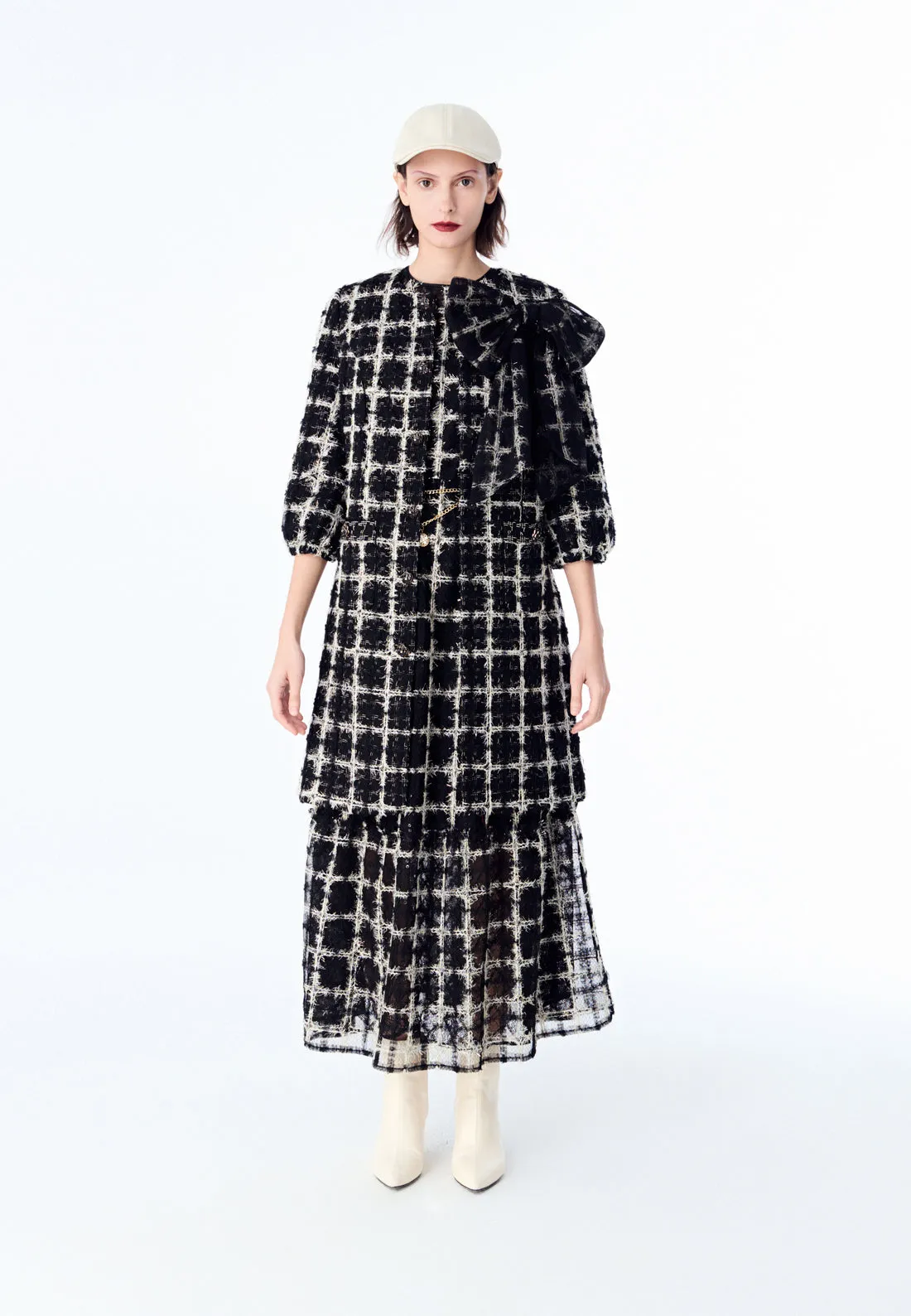 Bow Lurex Tweed & Mesh Coat Dress