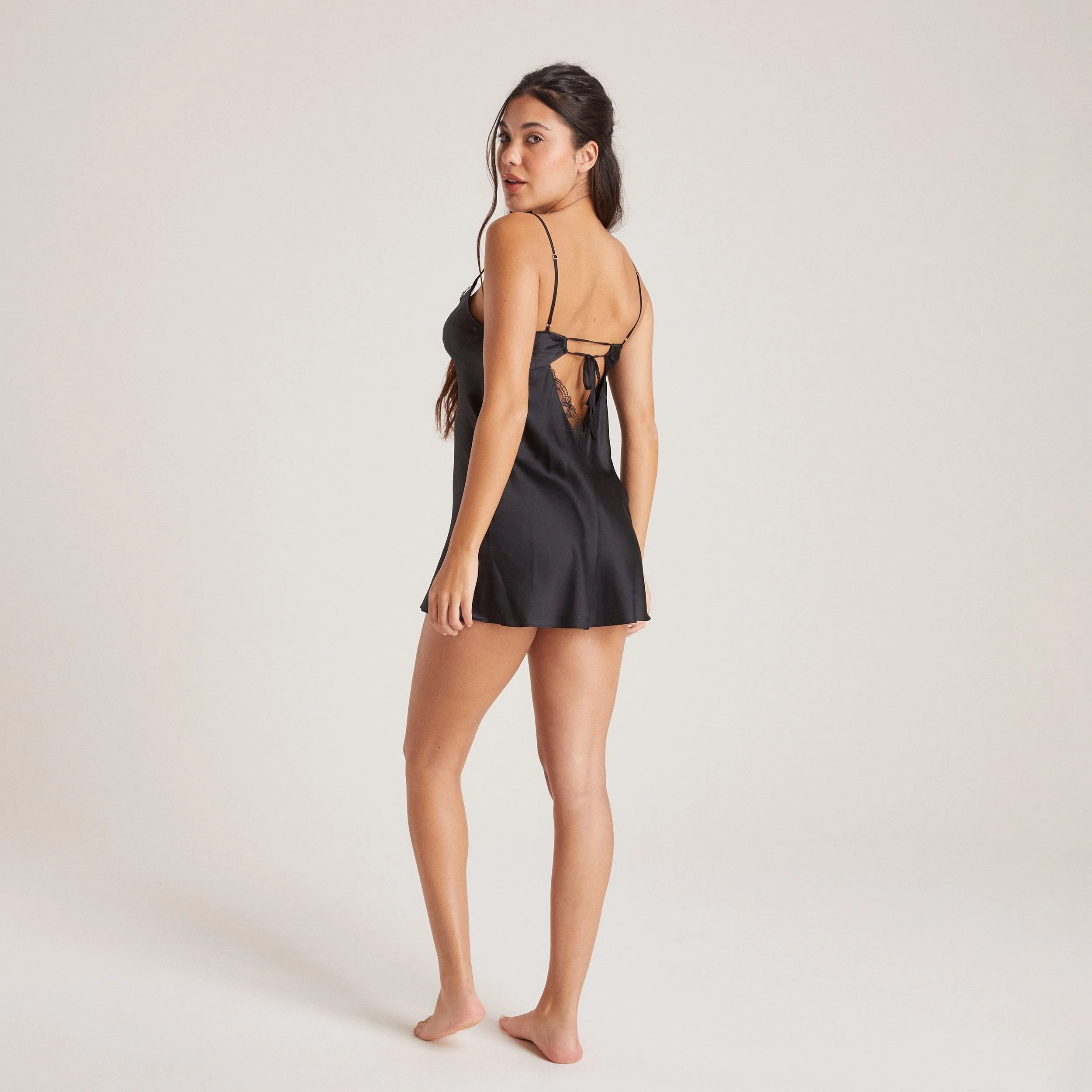 Bow Satin Nightdress - Black