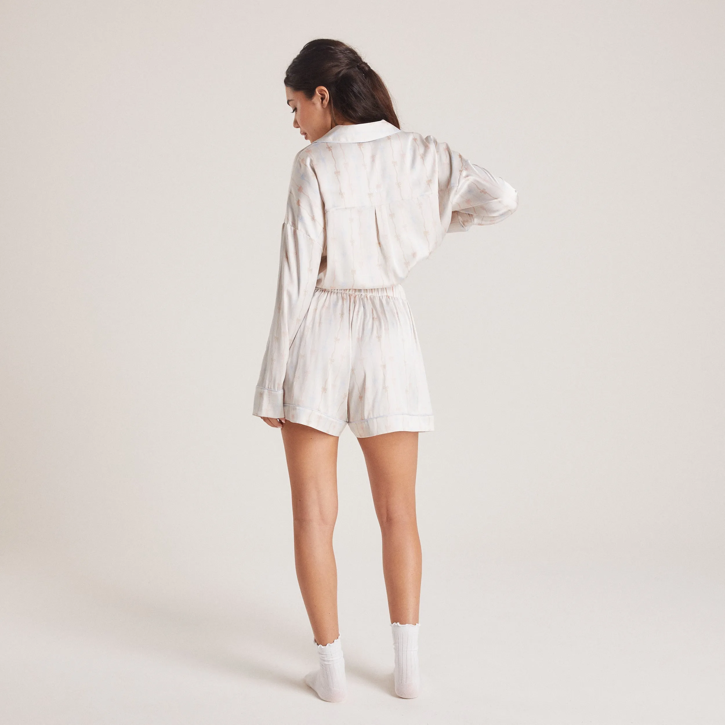 Bow Satin Pyjama Shorts - Pearl