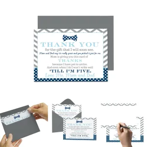 Bow Tie Boys Baby Shower Thank You Cards - 15 Pack Elegant Notecards with Gray Envelopes, 4x6