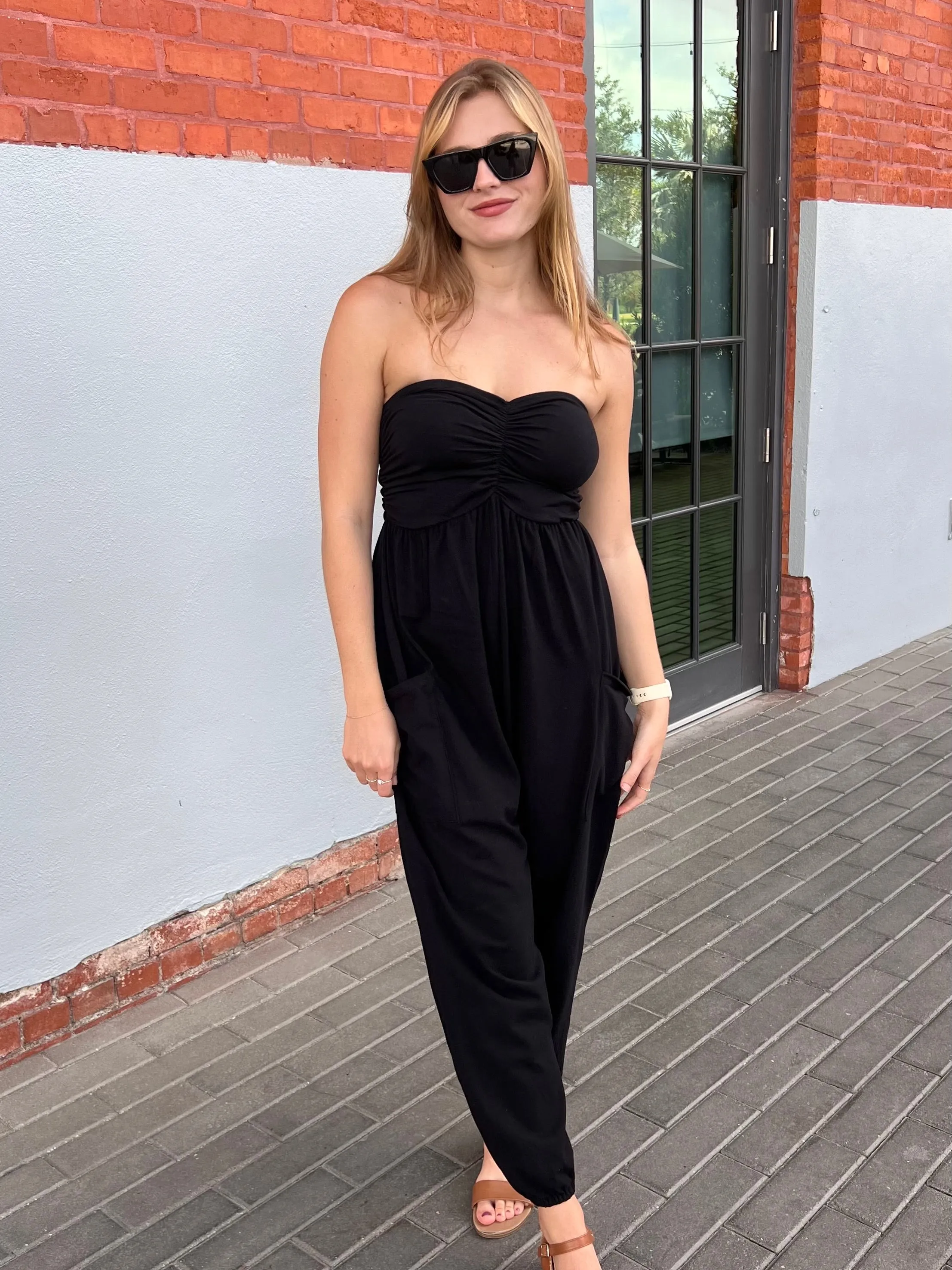 BOWIE STRAPLESS JUMPSUIT IN BLACK