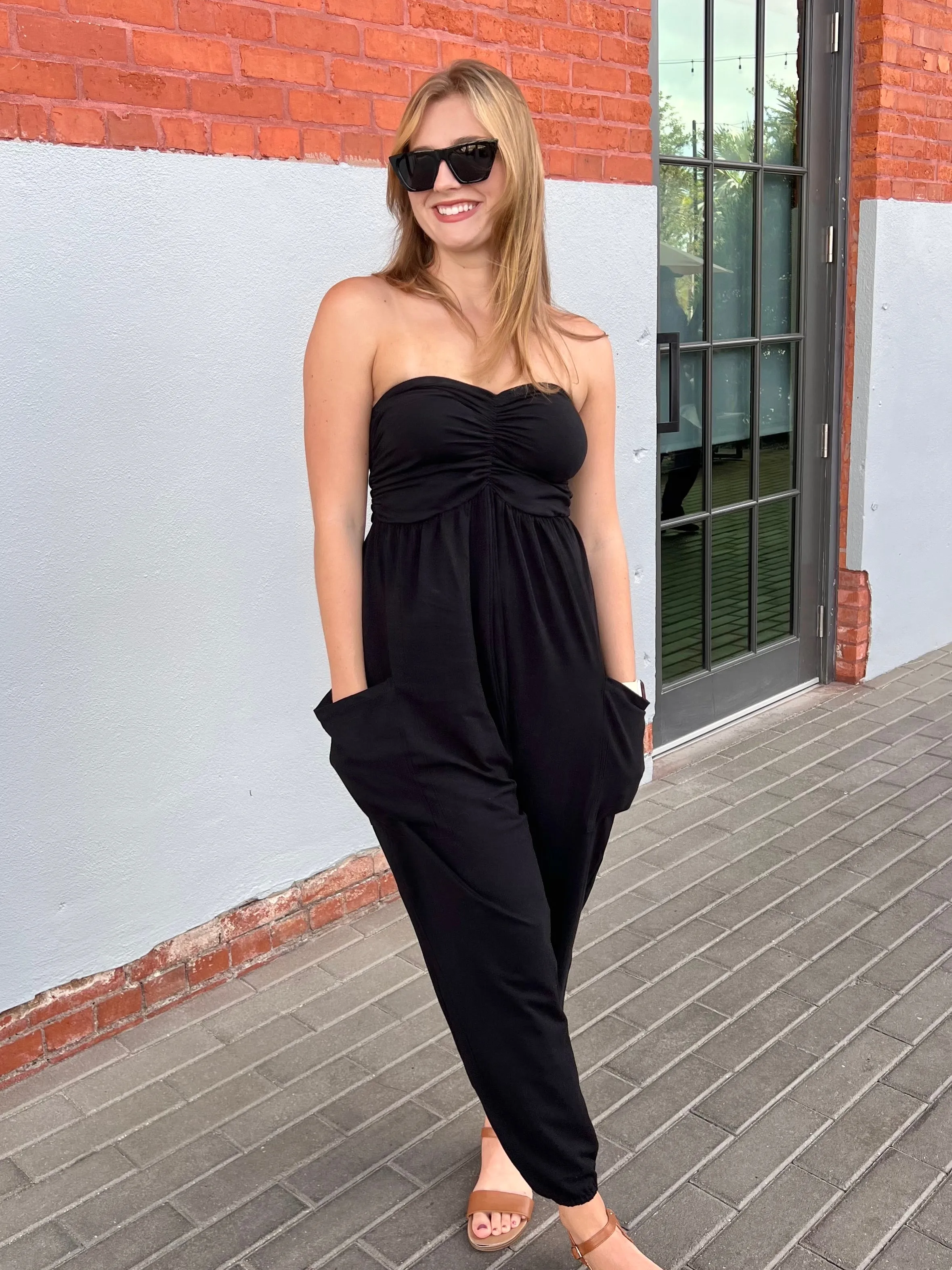 BOWIE STRAPLESS JUMPSUIT IN BLACK